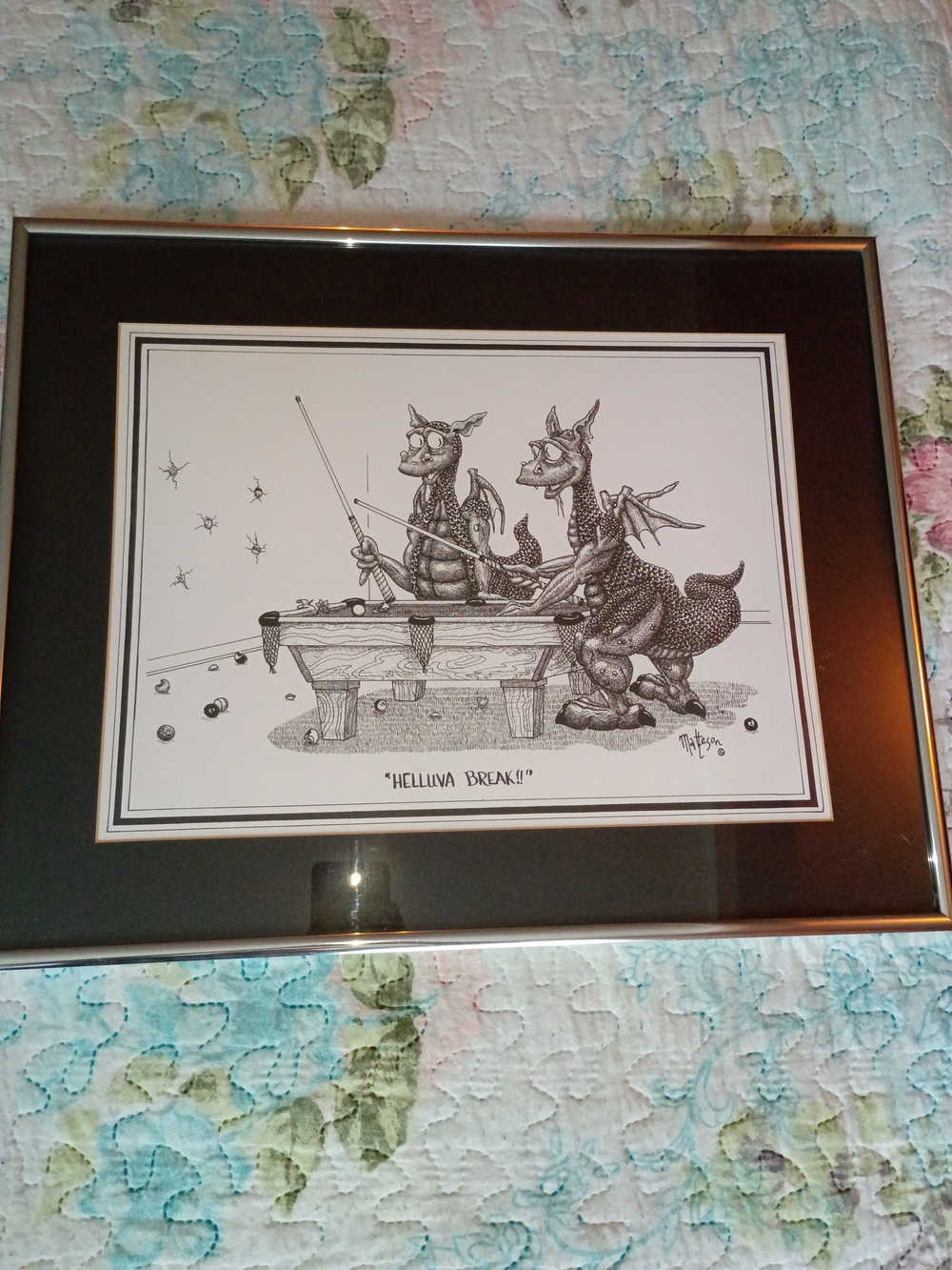Framed Black & White Dragon Pool Table Art Print